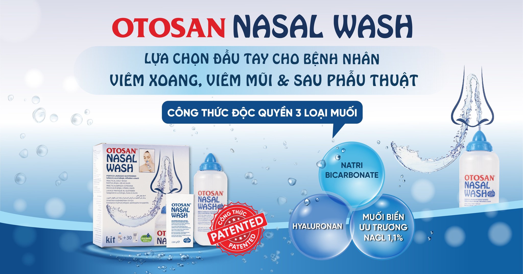 Bộ rửa mũi Otosan với công thức 3 loại muối được cấp bằng sáng chế: Natri clorid, Natri hyaluronat, Natri bicarbonate